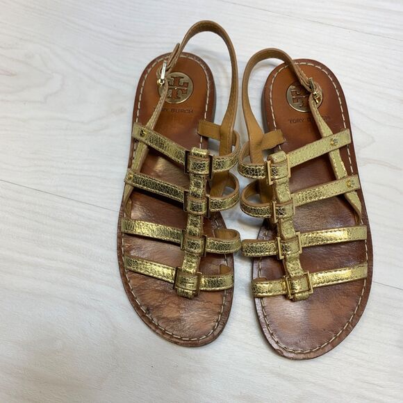 TORY BURCH Amalie gold metallic leather gladiator sandals Womens Size 7 M - Picture 6 of 9